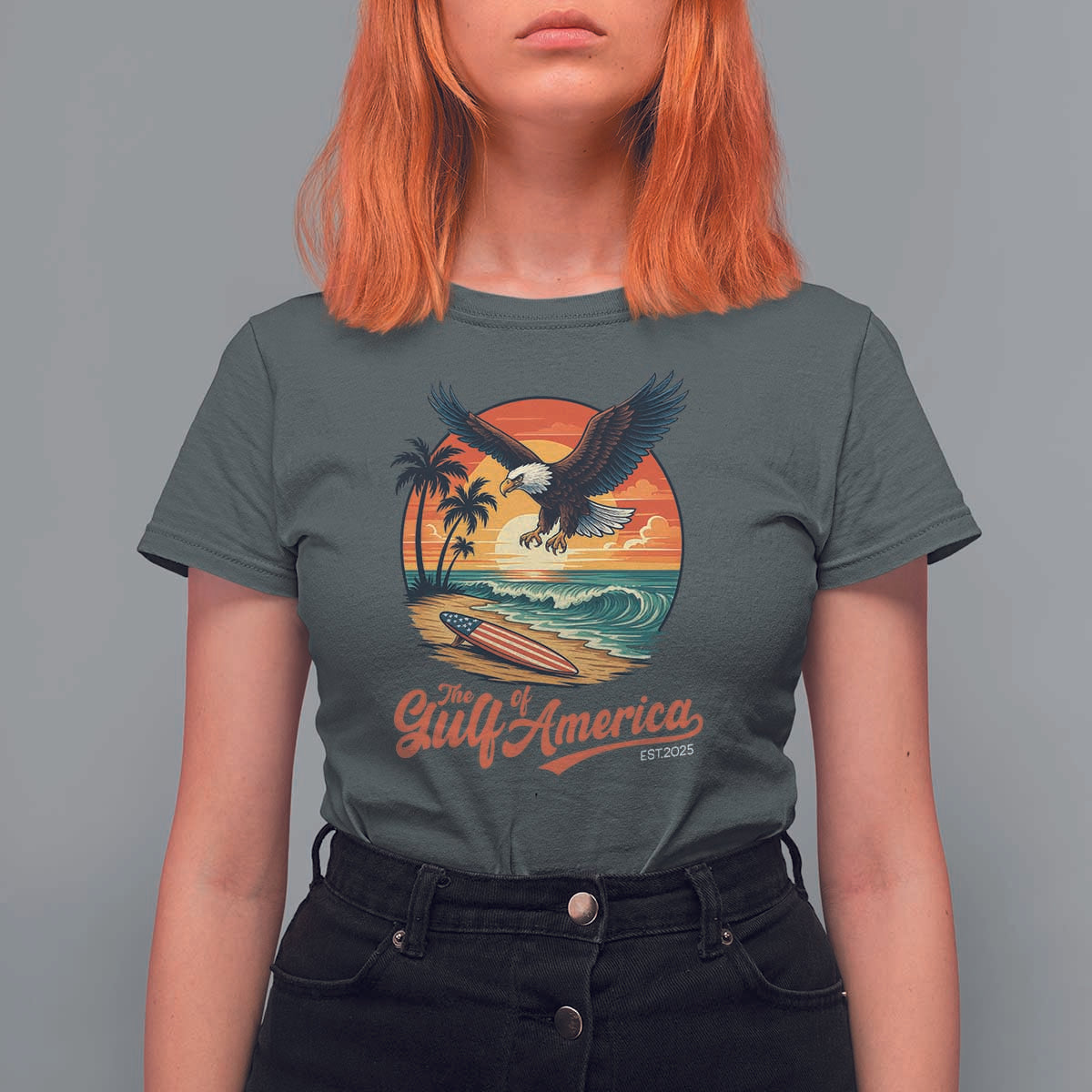 Gulf of America 2025 Bald Eagle T Shirt For Women Vintage Patriotic Beach Sunset 4th Of July - Wonder Print Shop