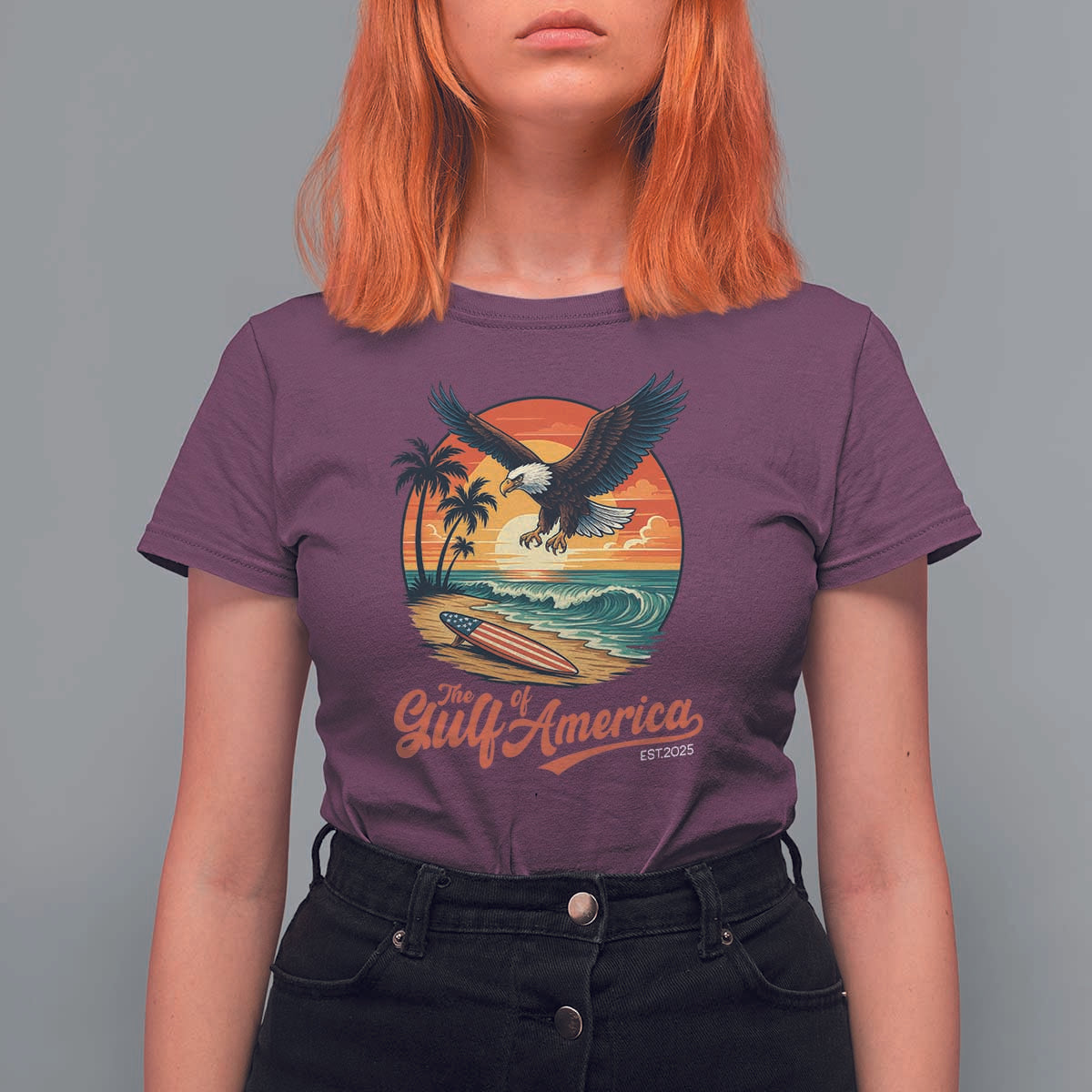 Gulf of America 2025 Bald Eagle T Shirt For Women Vintage Patriotic Beach Sunset 4th Of July - Wonder Print Shop