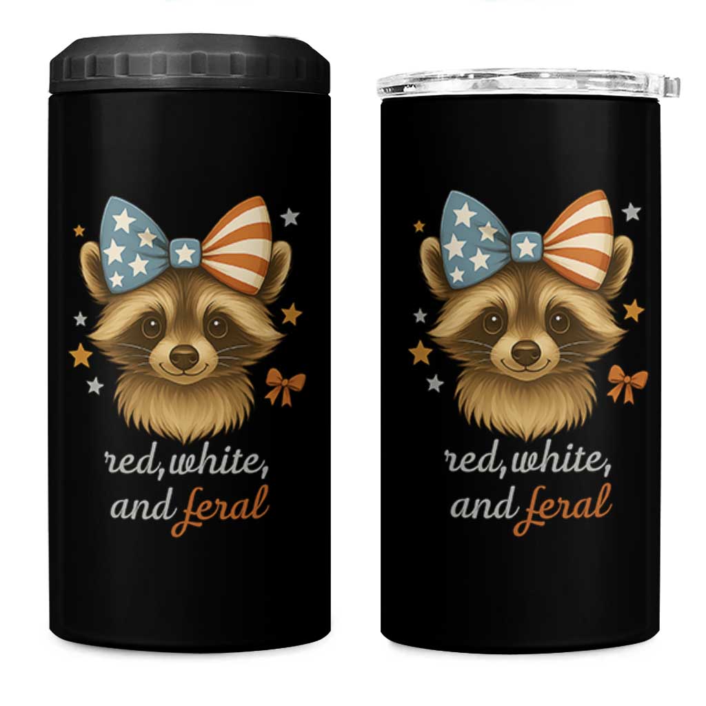 Red White and Feral Raccoon 4 in 1 Can Cooler Tumbler Funny Patriotic Animal 4th of July - Wonder Print Shop