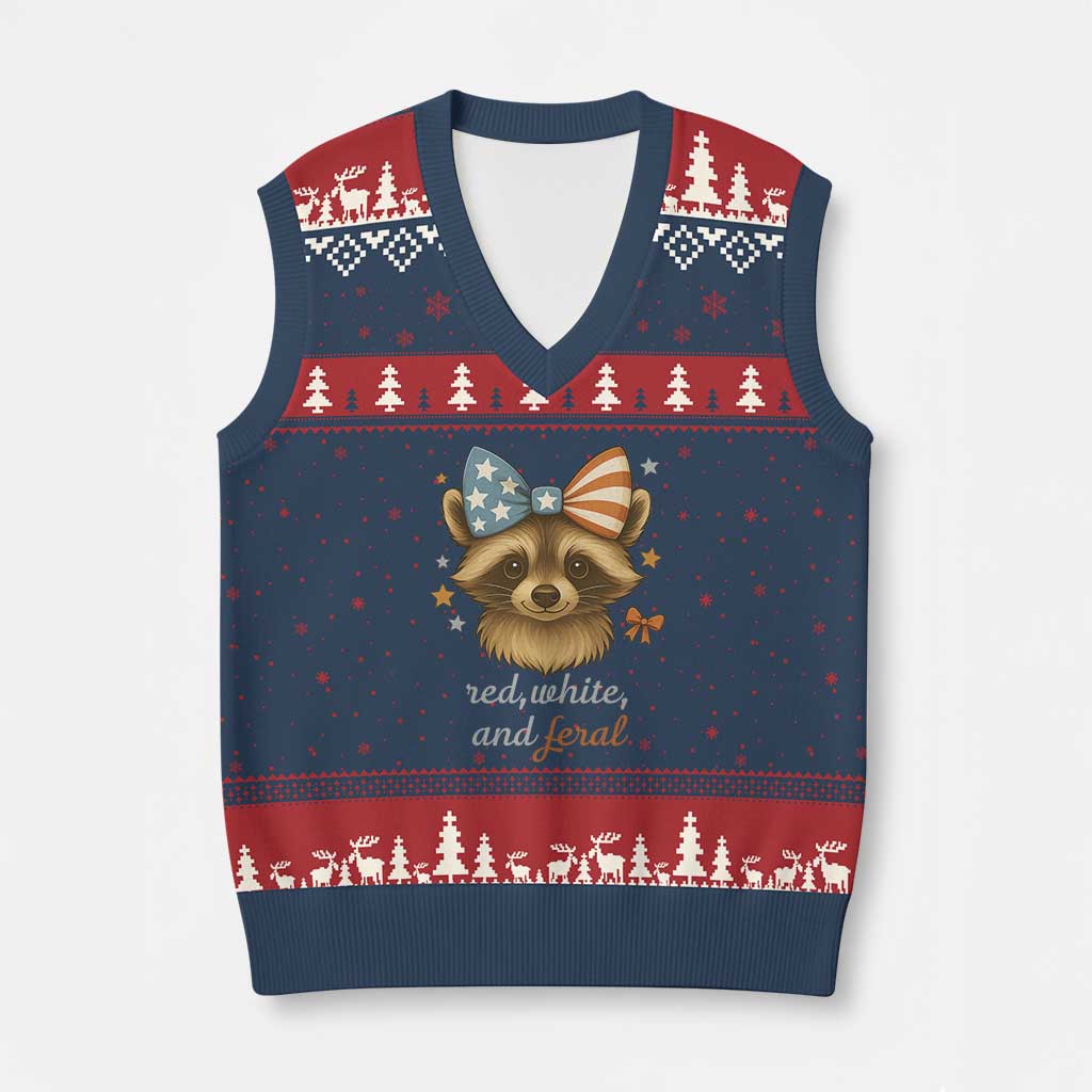Red White and Feral Raccoon V-Neck Knit Sweater Vest Funny Patriotic Animal 4th of July - Wonder Print Shop