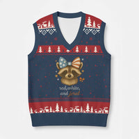 Red White and Feral Raccoon V-Neck Knit Sweater Vest Funny Patriotic Animal 4th of July - Wonder Print Shop