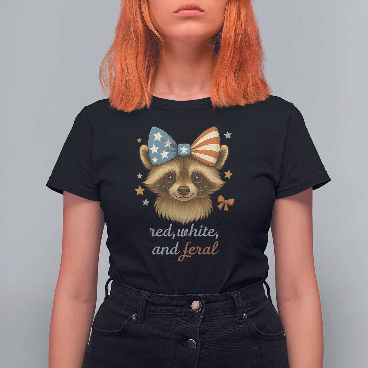 Red White and Feral Raccoon T Shirt For Women Funny Patriotic Animal 4th of July - Wonder Print Shop