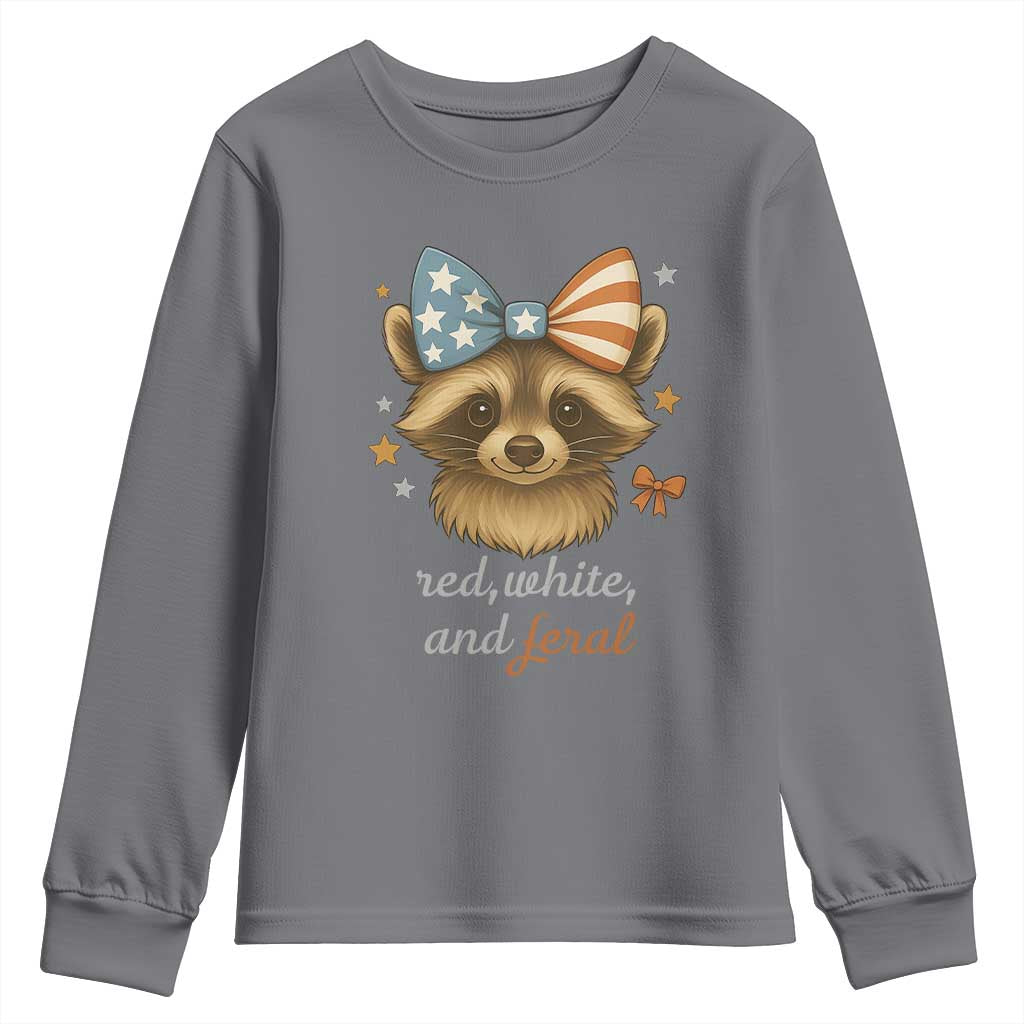 Red White and Feral Raccoon Youth Sweatshirt Funny Patriotic Animal 4th of July - Wonder Print Shop