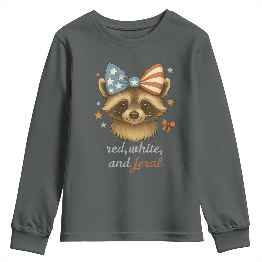 Red White and Feral Raccoon Youth Sweatshirt Funny Patriotic Animal 4th of July - Wonder Print Shop