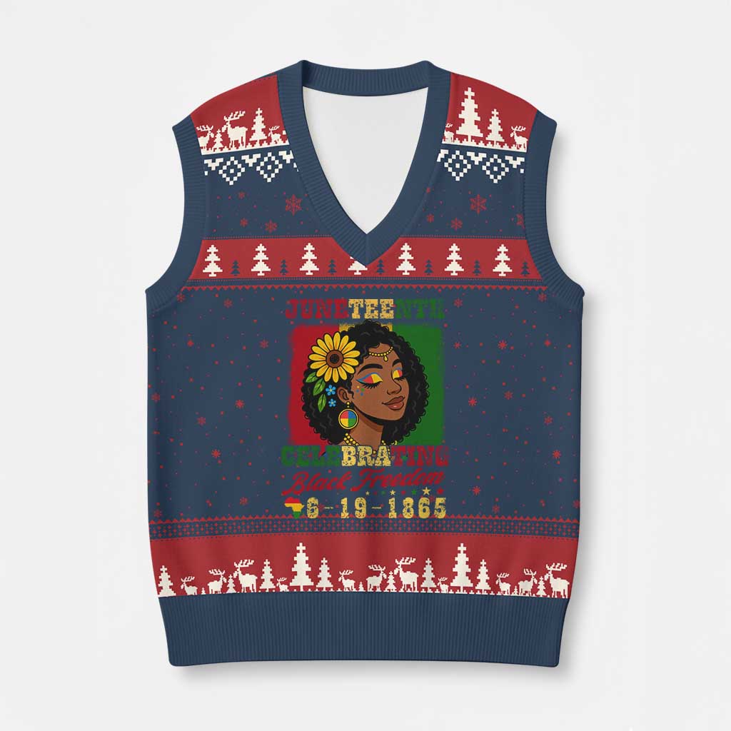 Juneteenth 1865 Black Freedom Celebration V-Neck Knit Sweater Vest Afrocentric Pride Melanin Girl - Wonder Print Shop