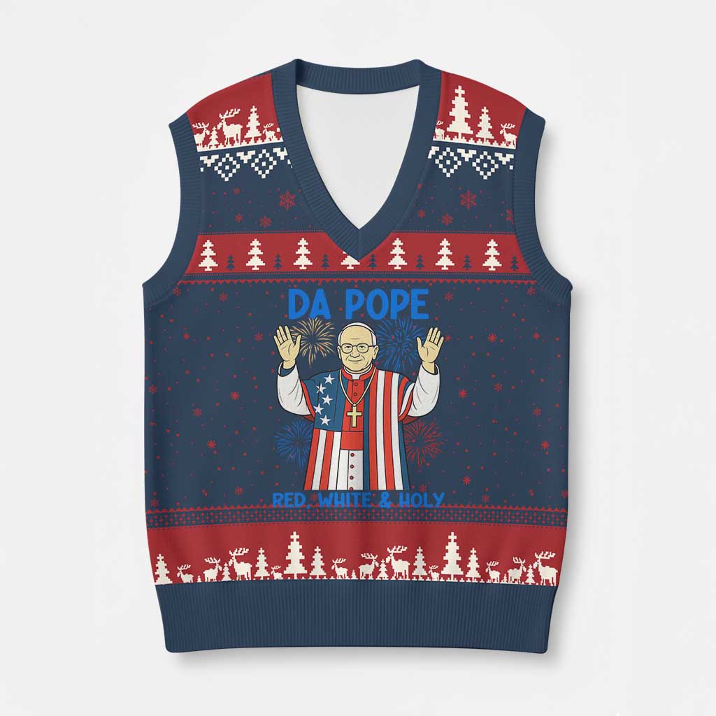 Da Pope Funny 4th of July V-Neck Knit Sweater Vest Red White and Holy Patriotic Catholic - Wonder Print Shop