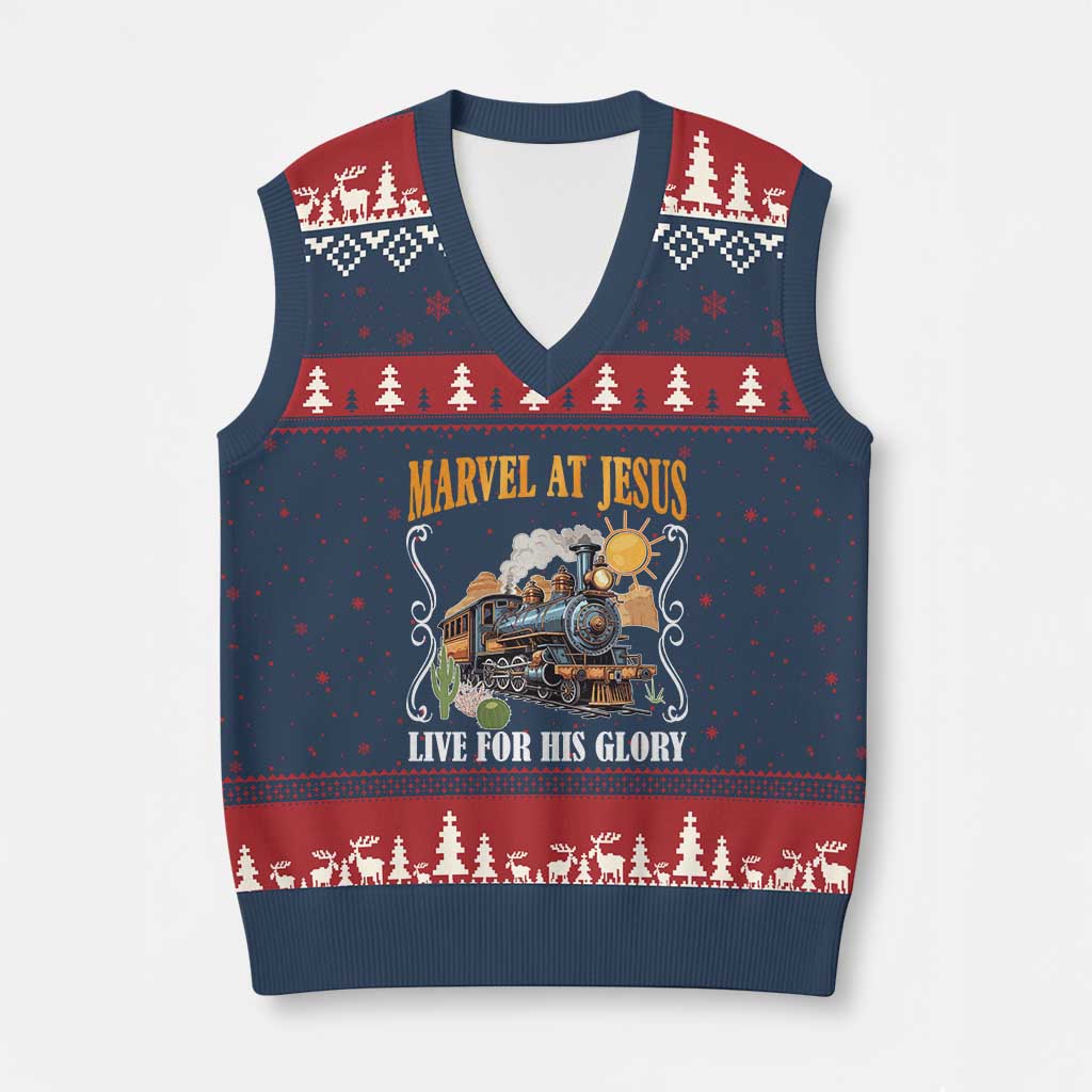 Summer VBS 2025 V-Neck Knit Sweater Vest Marvel at Jesus Live for His Glory Christian Bible Camp - Wonder Print Shop