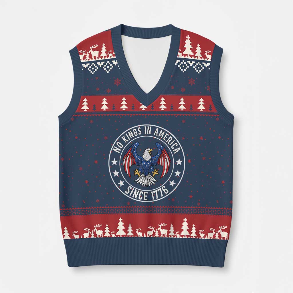 No Kings in America Patriotic Eagle V-Neck Knit Sweater Vest Since 1776 4th of July USA Independence Day - Wonder Print Shop