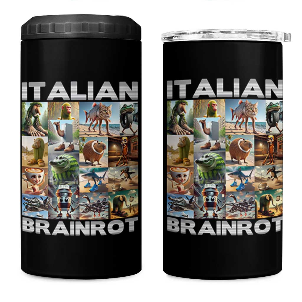 Funny Italian Brainrot Meme Art 4 in 1 Can Cooler Tumbler Surreal Humor Pop Culture Collage