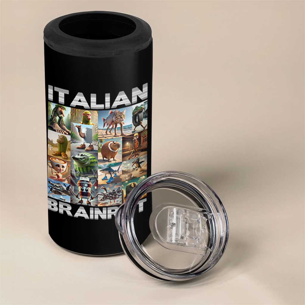 Funny Italian Brainrot Meme Art 4 in 1 Can Cooler Tumbler Surreal Humor Pop Culture Collage
