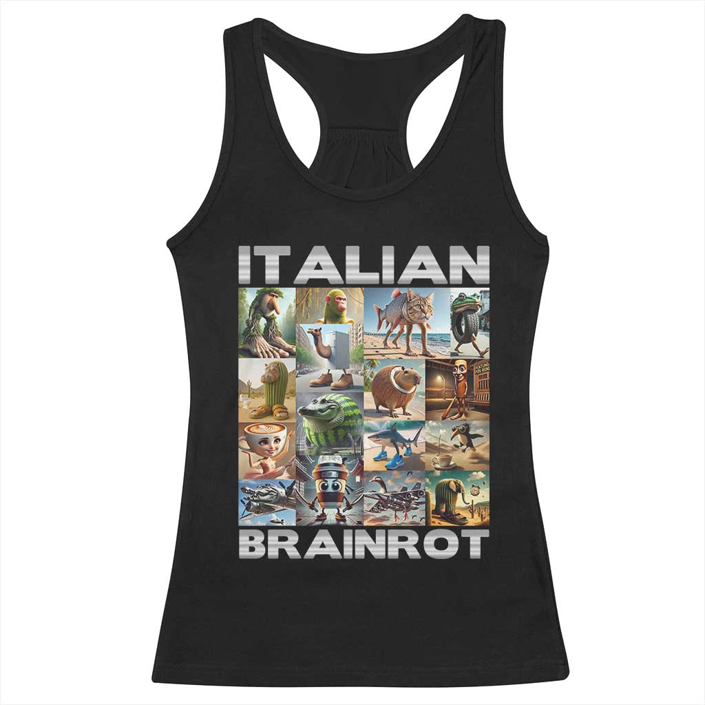 Funny Italian Brainrot Meme Art Racerback Tank Top Surreal Humor Pop Culture Collage