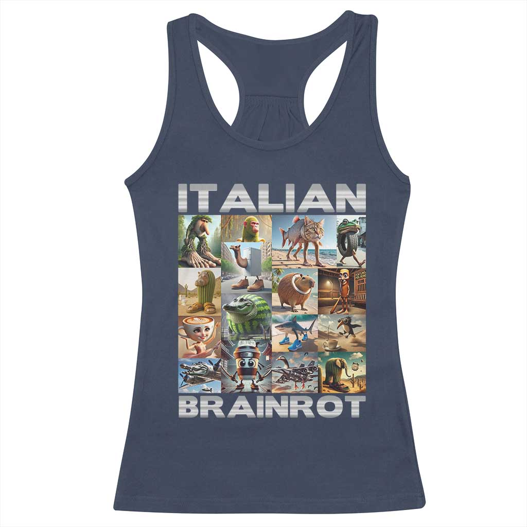 Funny Italian Brainrot Meme Art Racerback Tank Top Surreal Humor Pop Culture Collage