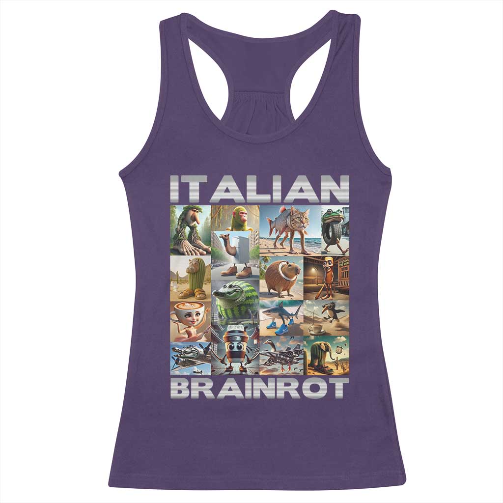 Funny Italian Brainrot Meme Art Racerback Tank Top Surreal Humor Pop Culture Collage