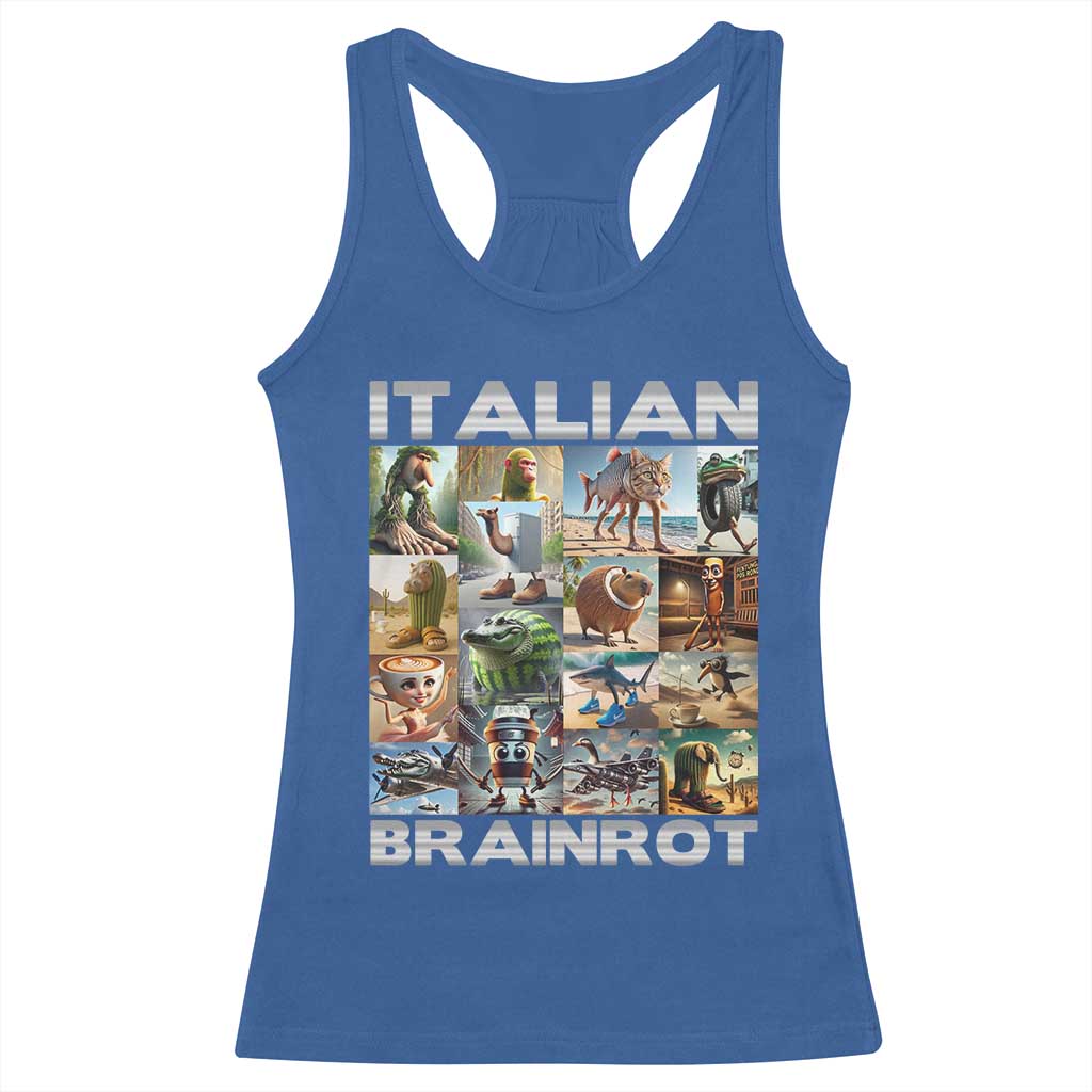 Funny Italian Brainrot Meme Art Racerback Tank Top Surreal Humor Pop Culture Collage