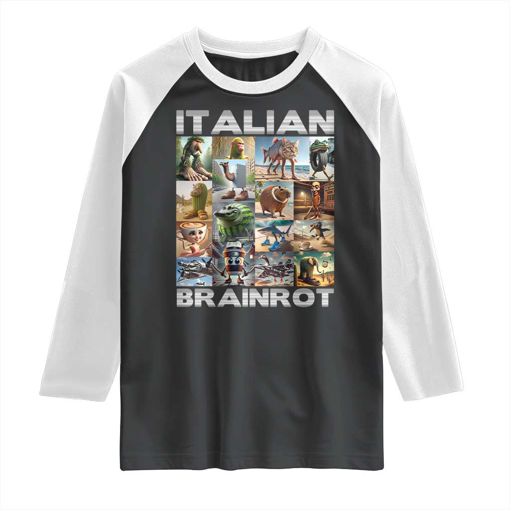 Funny Italian Brainrot Meme Art Raglan Shirt Surreal Humor Pop Culture Collage