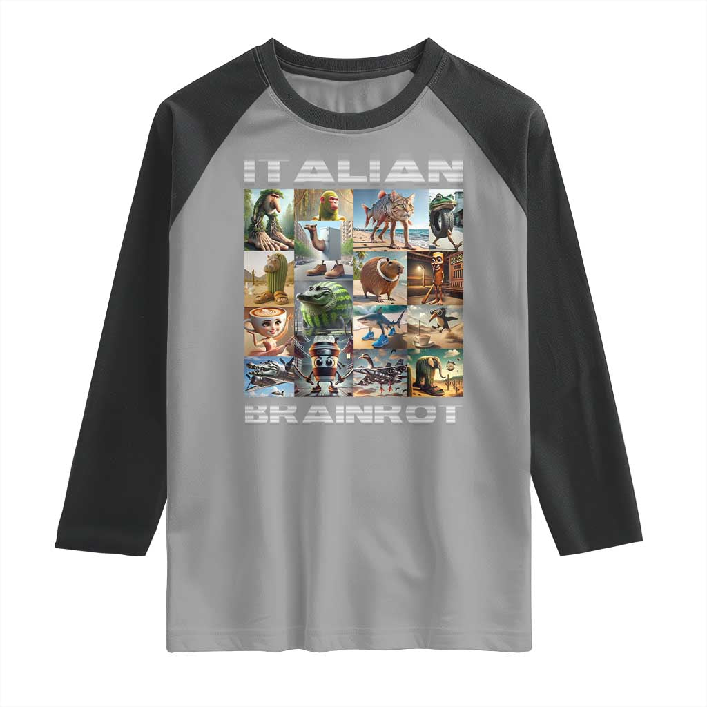 Funny Italian Brainrot Meme Art Raglan Shirt Surreal Humor Pop Culture Collage