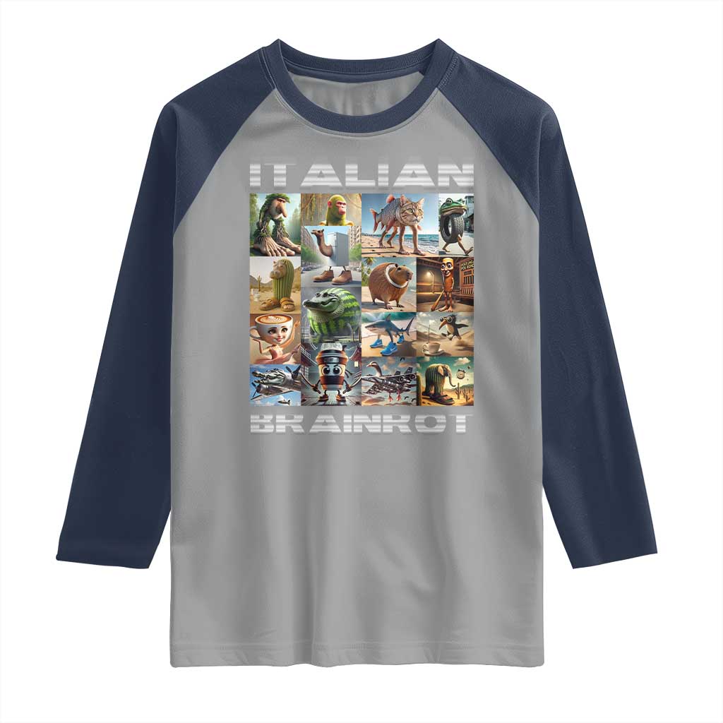 Funny Italian Brainrot Meme Art Raglan Shirt Surreal Humor Pop Culture Collage
