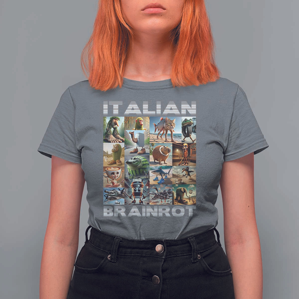 Funny Italian Brainrot Meme Art T Shirt For Women Surreal Humor Pop Culture Collage