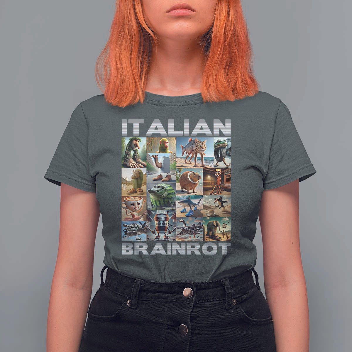 Funny Italian Brainrot Meme Art T Shirt For Women Surreal Humor Pop Culture Collage