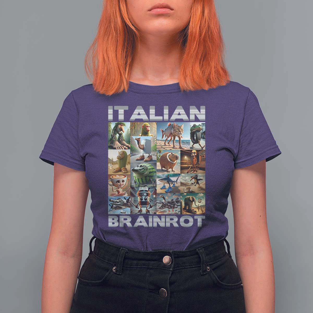 Funny Italian Brainrot Meme Art T Shirt For Women Surreal Humor Pop Culture Collage