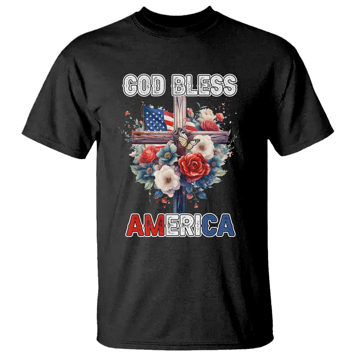 God Bless America T Shirt US Flag Christian Cross Religious Faith - Wonder Print Shop