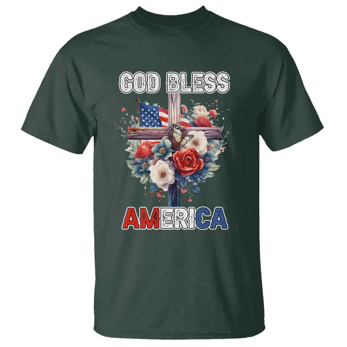 God Bless America T Shirt US Flag Christian Cross Religious Faith - Wonder Print Shop