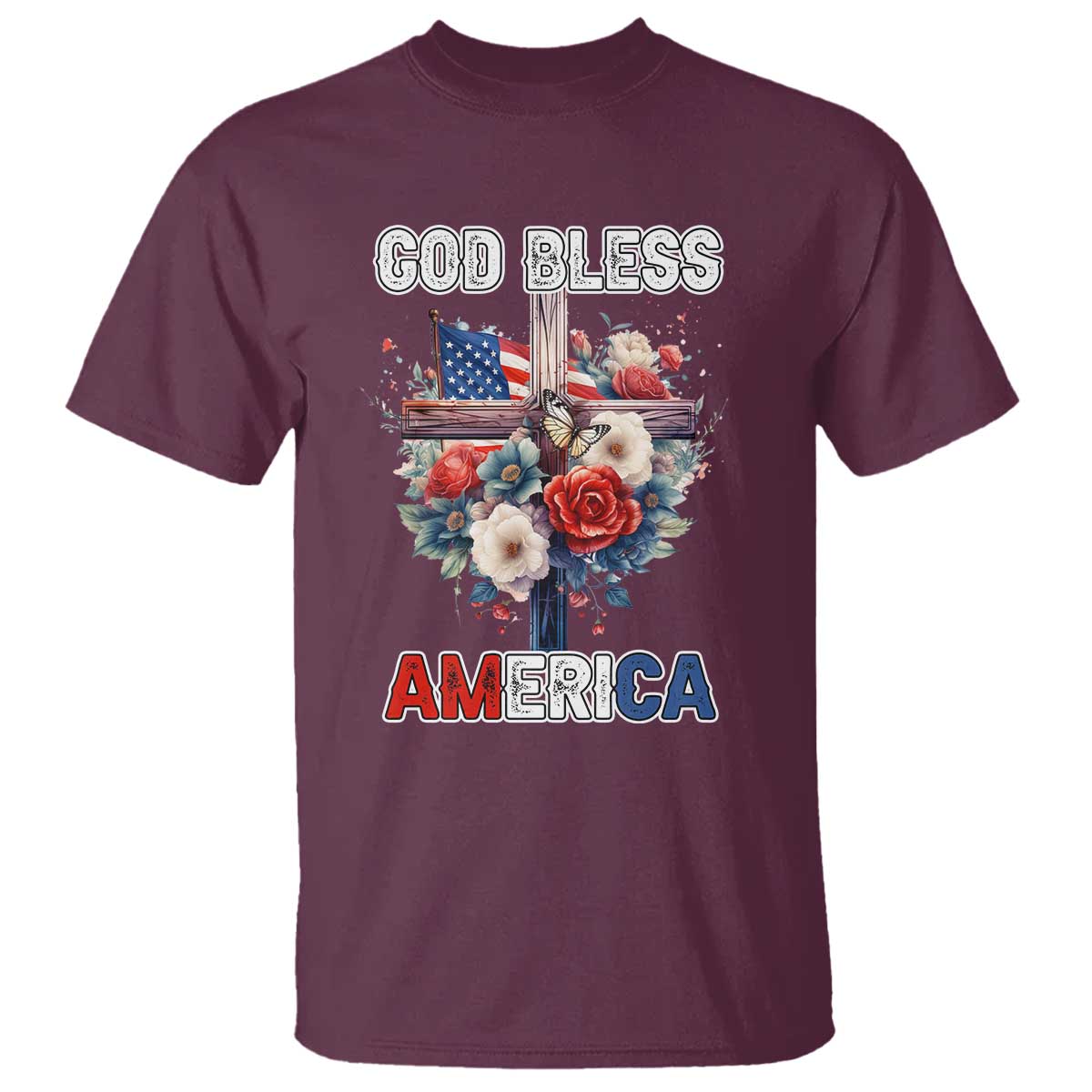 God Bless America T Shirt US Flag Christian Cross Religious Faith - Wonder Print Shop