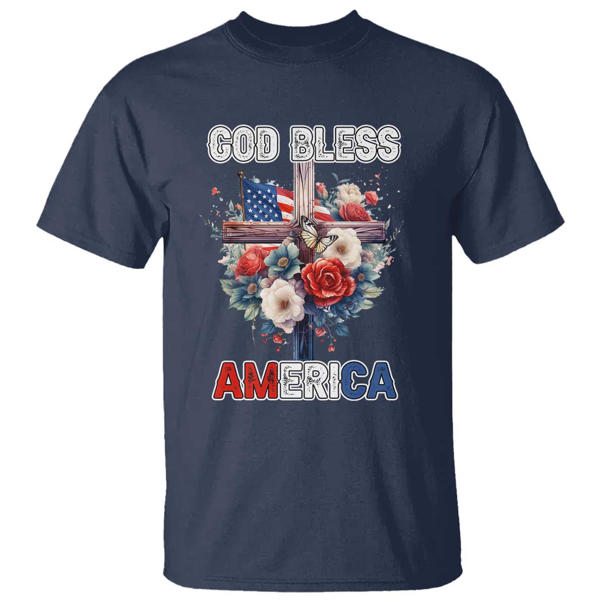 God Bless America T Shirt US Flag Christian Cross Religious Faith - Wonder Print Shop