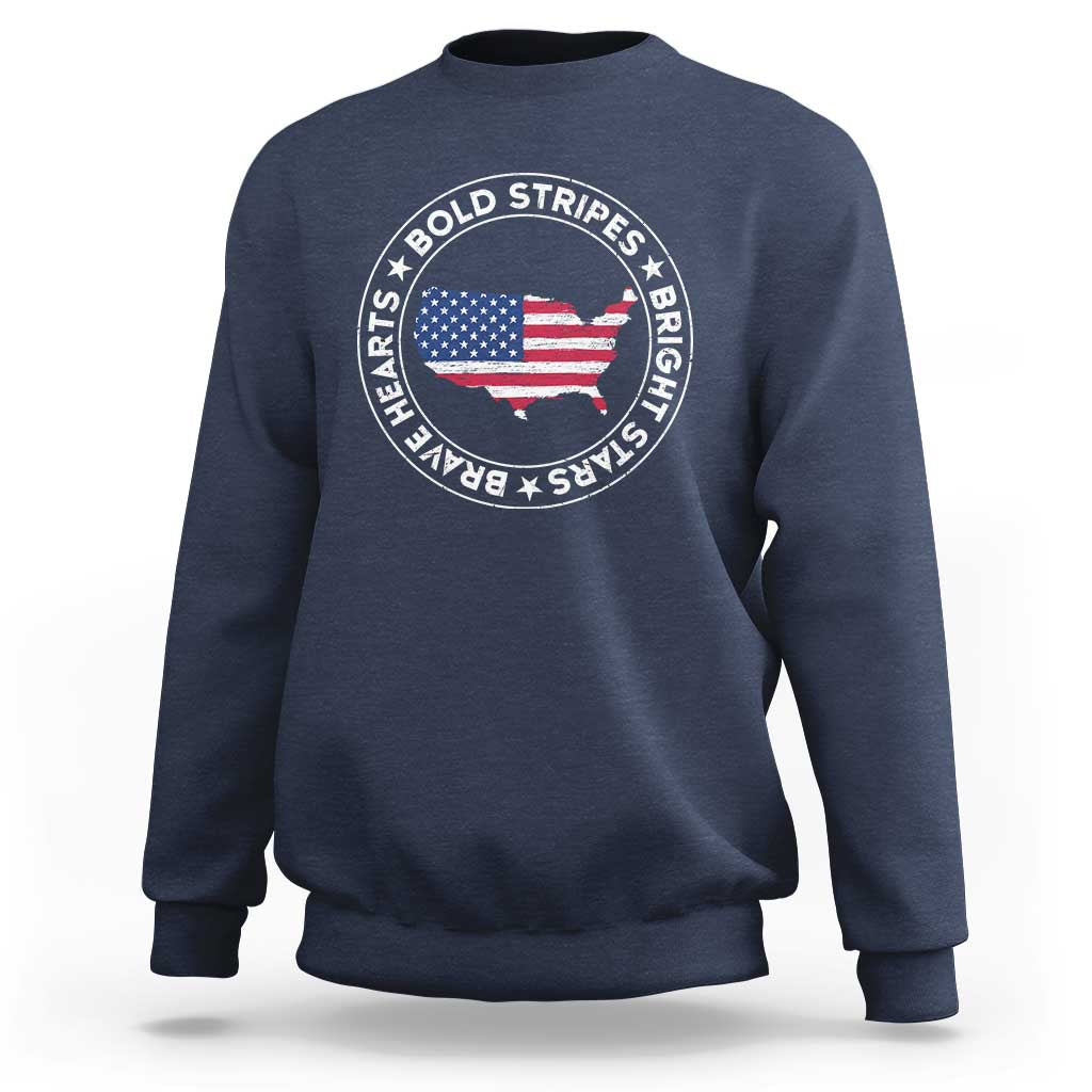 US Pride Sweatshirt Bold Stripes Bright Stars Brave Hearts American Patriotic - Wonder Print Shop