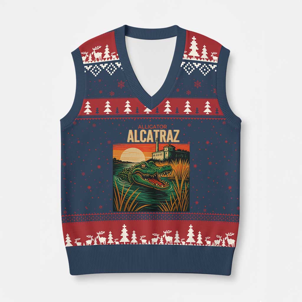Alligator Alcatraz V-Neck Knit Sweater Vest Retro Florida Swamp Political Prison - Wonder Print Shop