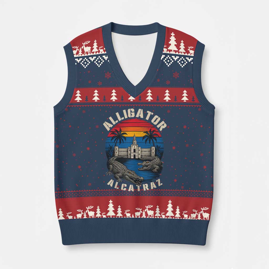 Alligator Alcatraz Political V-Neck Knit Sweater Vest Florida Prison State Retro Sunset - Wonder Print Shop