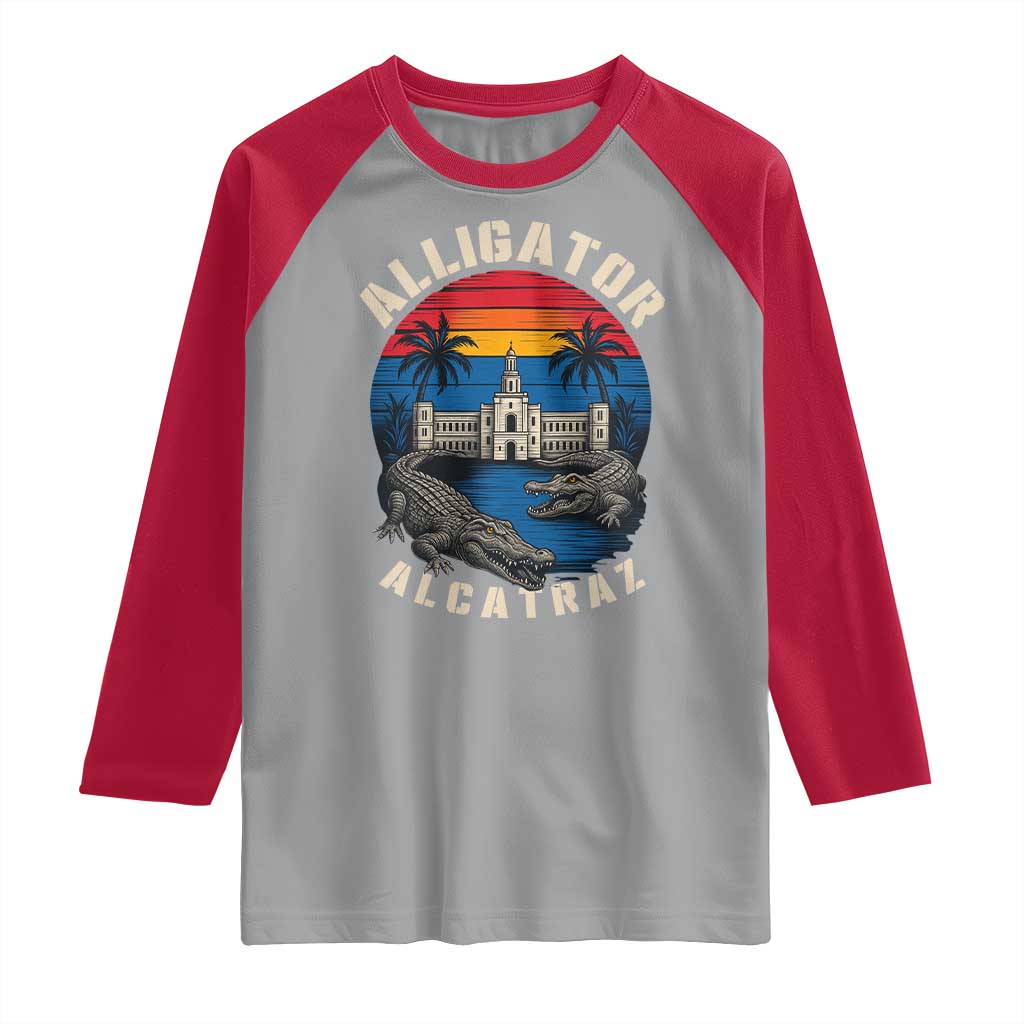 Alligator Alcatraz Political Raglan Shirt Florida Prison State Retro Sunset - Wonder Print Shop