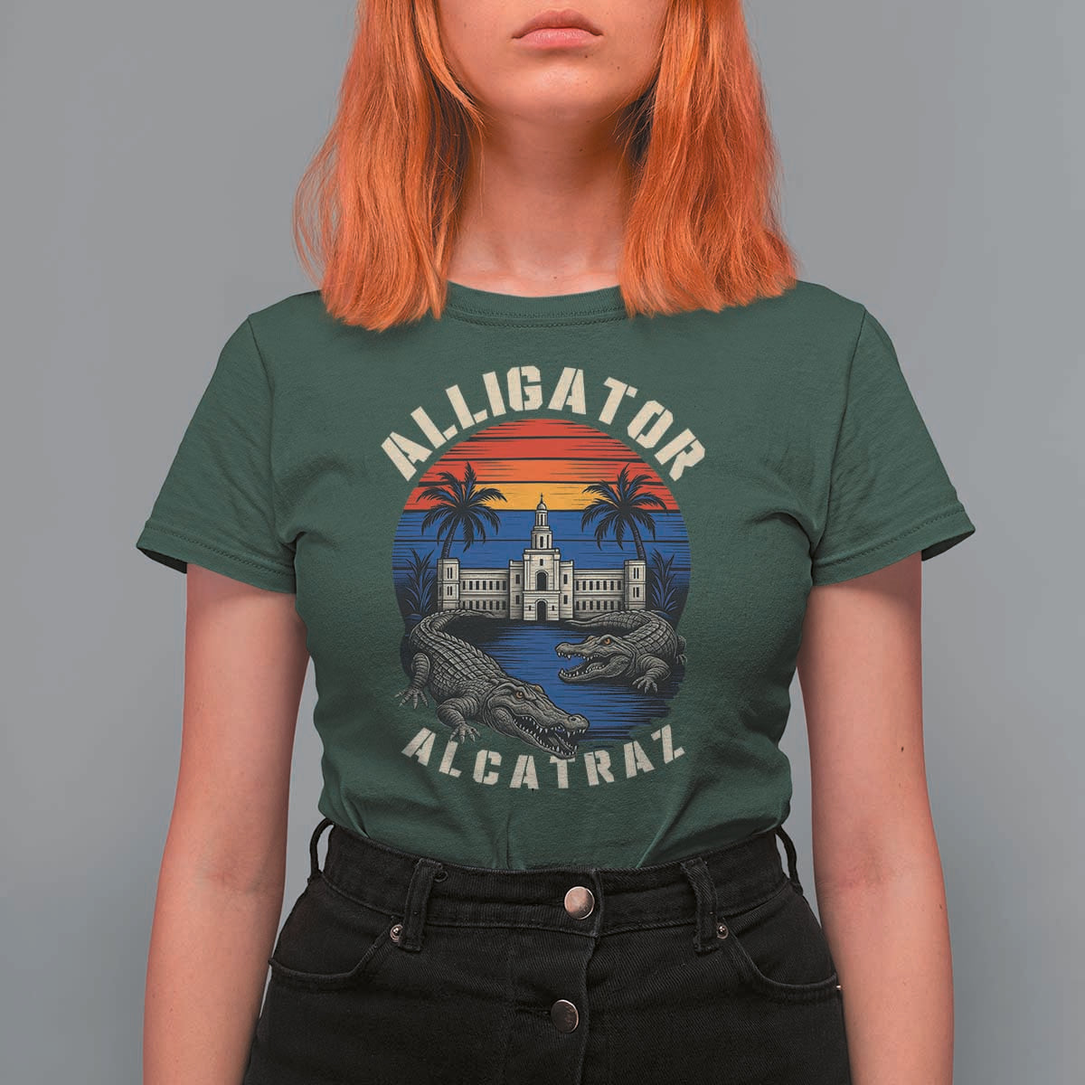 Alligator Alcatraz Political T Shirt For Women Florida Prison State Retro Sunset - Wonder Print Shop
