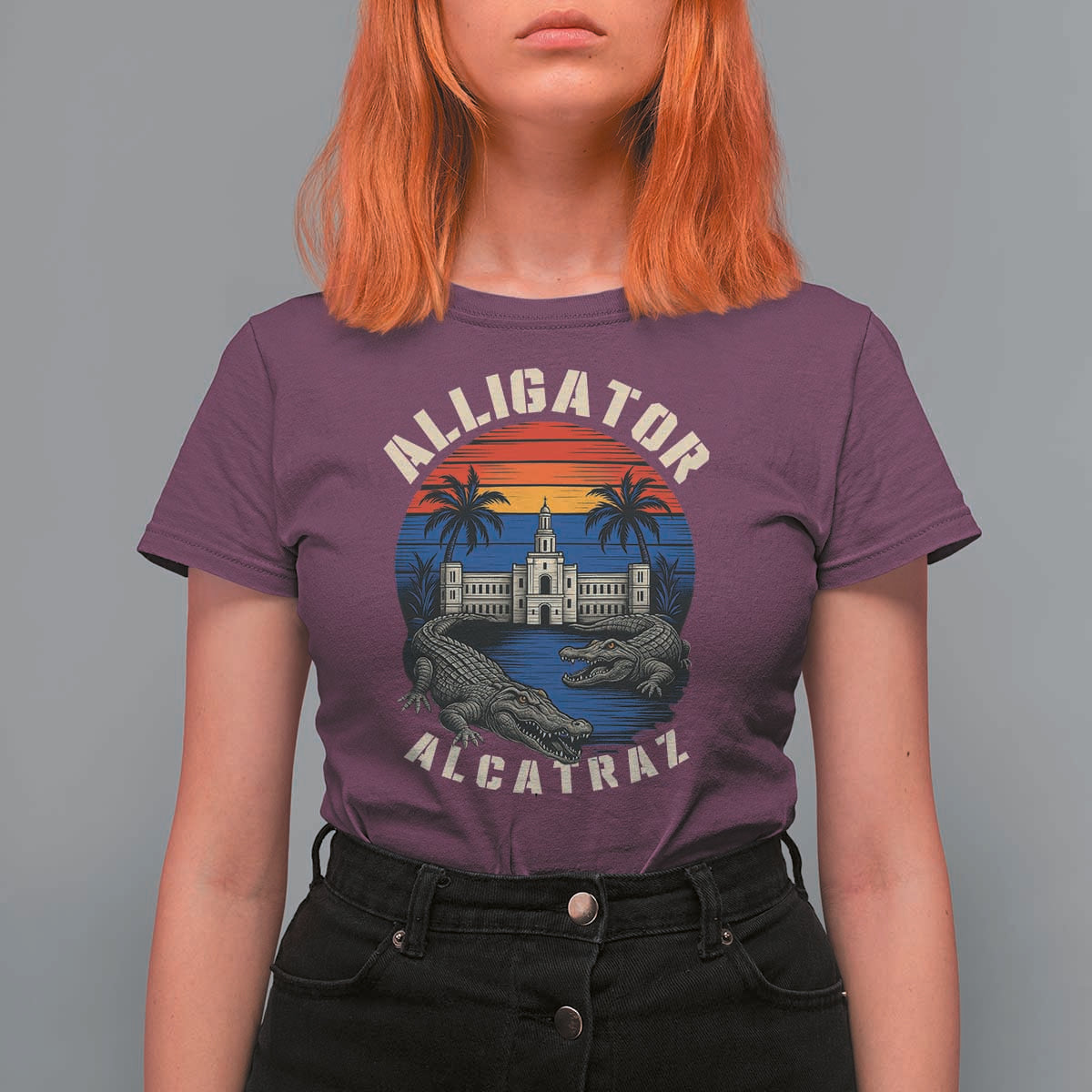 Alligator Alcatraz Political T Shirt For Women Florida Prison State Retro Sunset - Wonder Print Shop