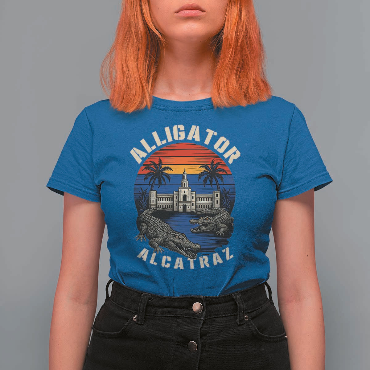 Alligator Alcatraz Political T Shirt For Women Florida Prison State Retro Sunset - Wonder Print Shop