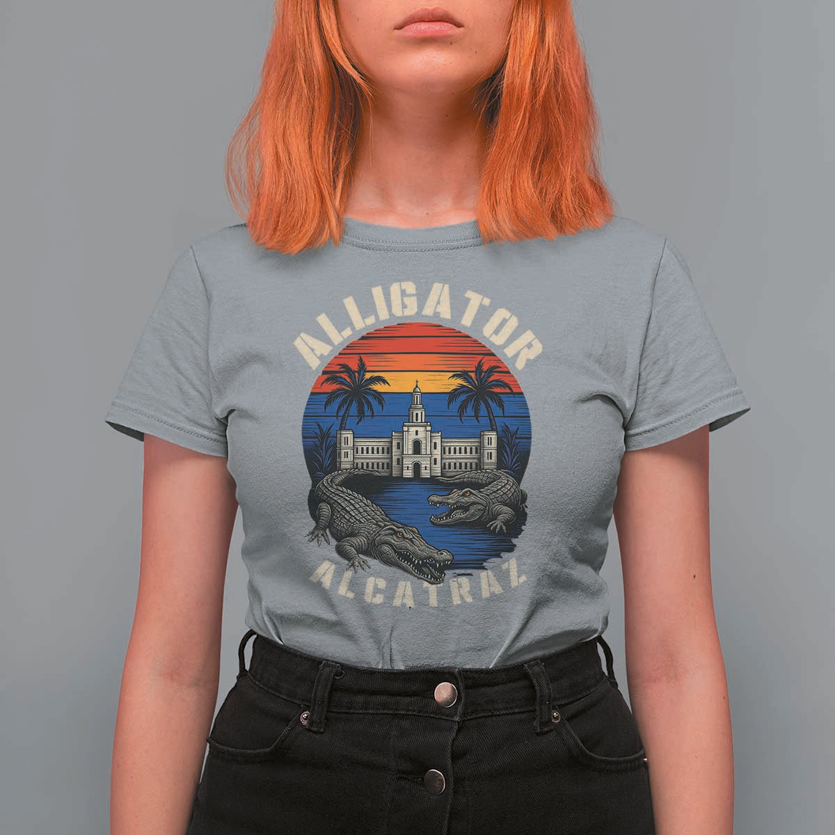 Alligator Alcatraz Political T Shirt For Women Florida Prison State Retro Sunset - Wonder Print Shop