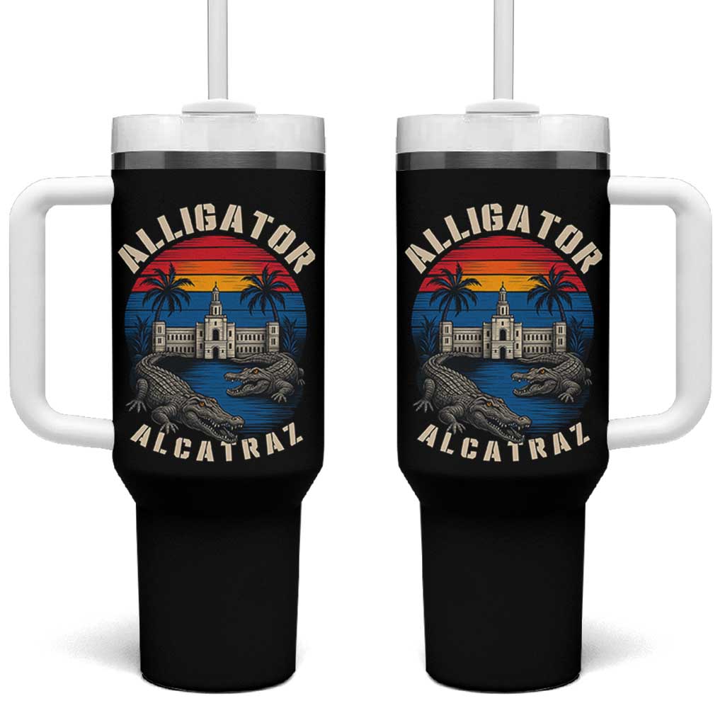 Alligator Alcatraz Political Tumbler With Handle Florida Prison State Retro Sunset - Wonder Print Shop
