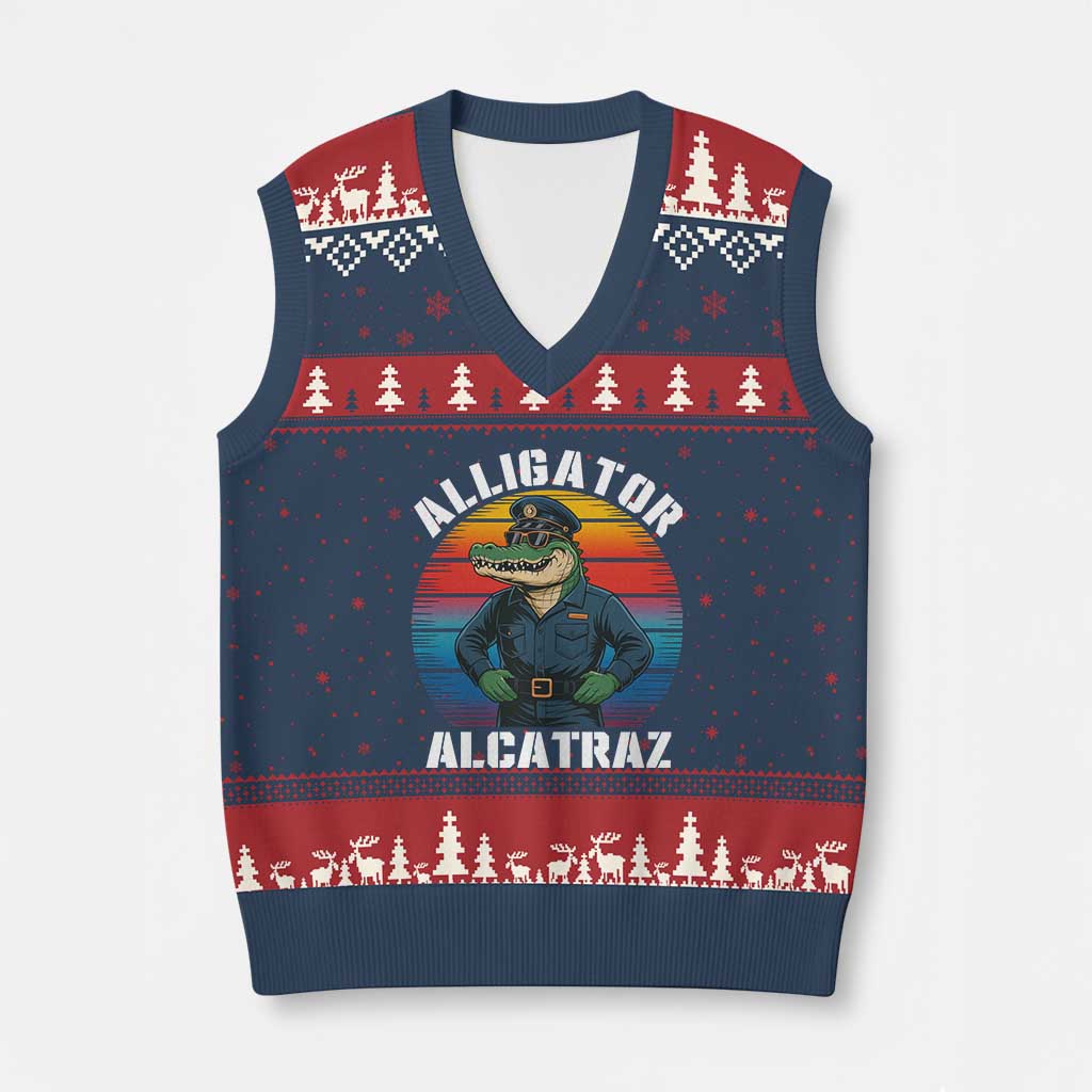 Alligator Alcatraz Florida V-Neck Knit Sweater Vest Funny Gator Cop Political Humor Retro Sunset - Wonder Print Shop