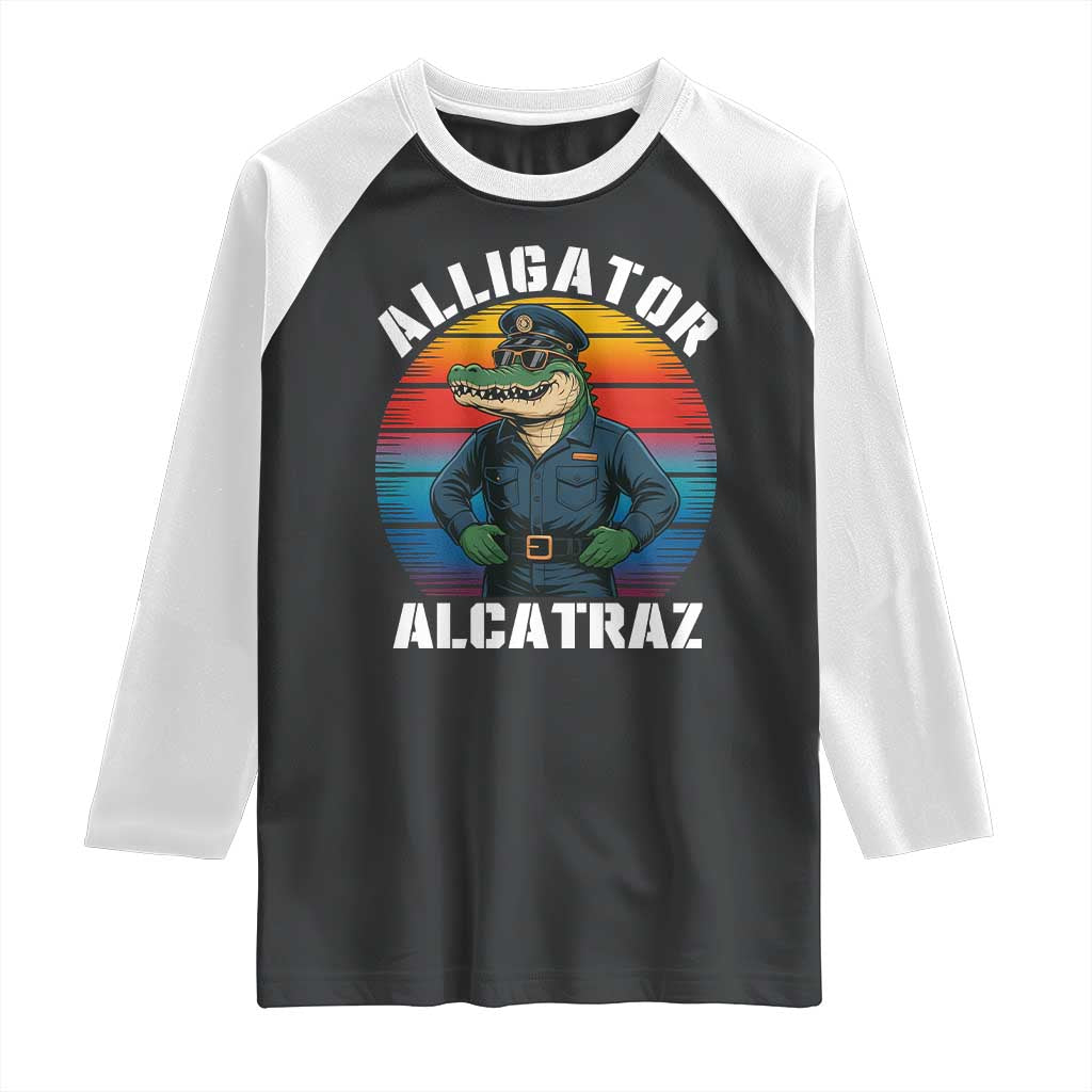 Alligator Alcatraz Florida Raglan Shirt Funny Gator Cop Political Humor Retro Sunset - Wonder Print Shop