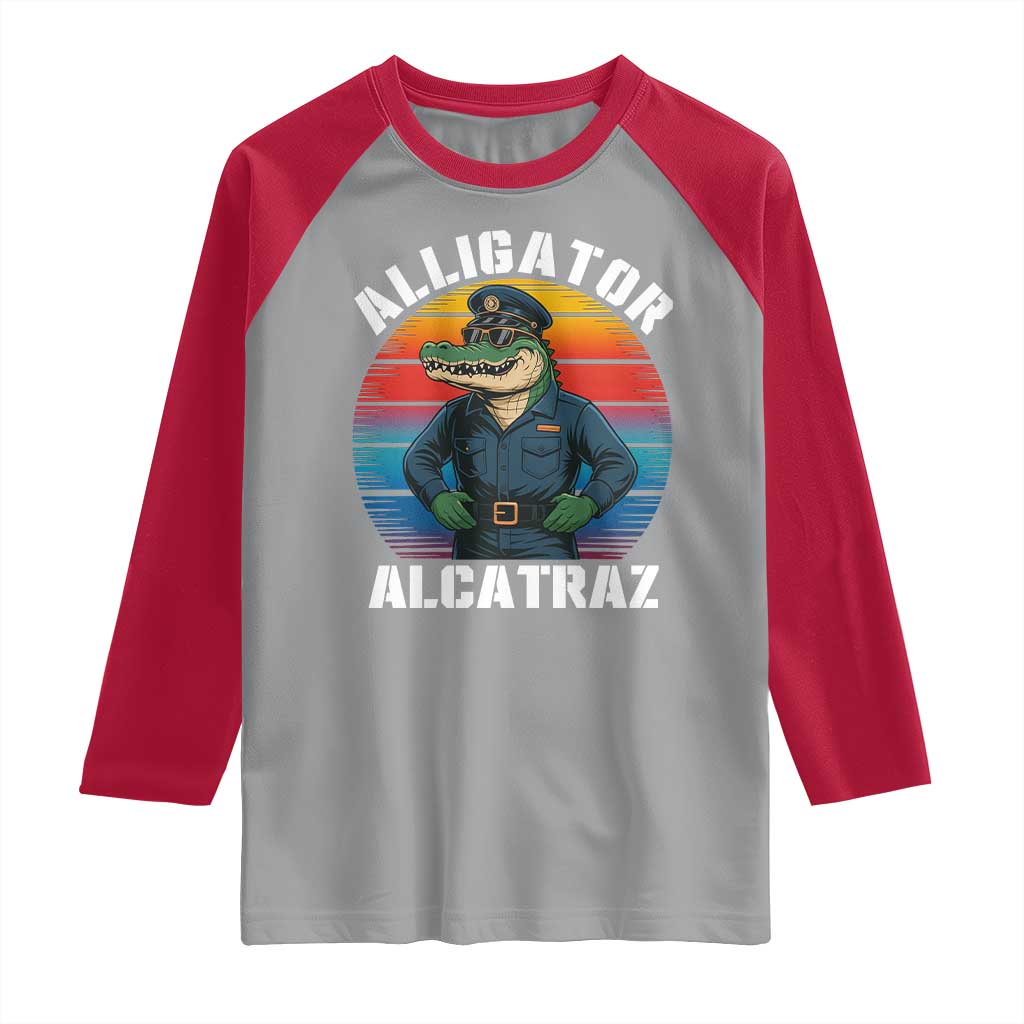 Alligator Alcatraz Florida Raglan Shirt Funny Gator Cop Political Humor Retro Sunset - Wonder Print Shop