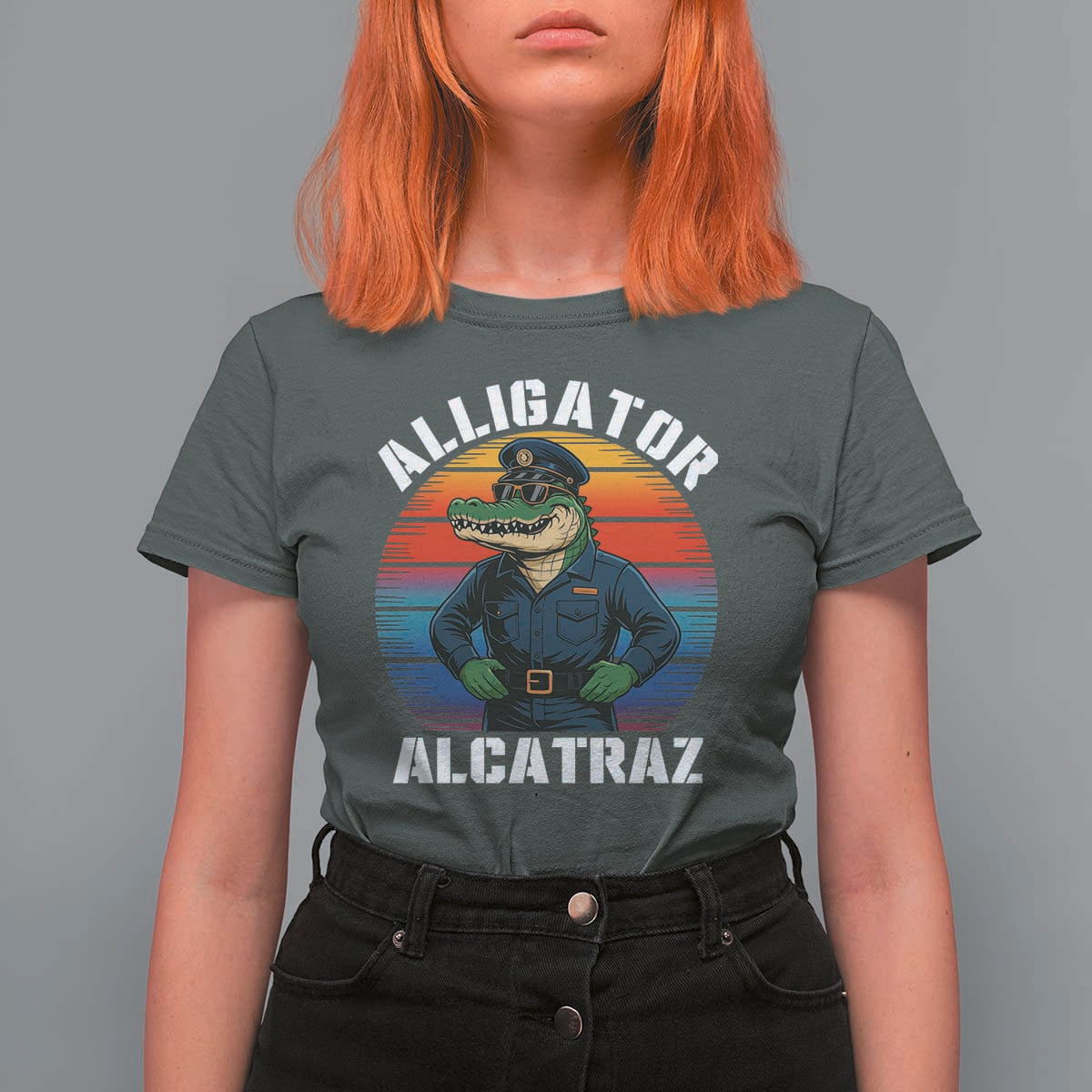 Alligator Alcatraz Florida T Shirt For Women Funny Gator Cop Political Humor Retro Sunset - Wonder Print Shop