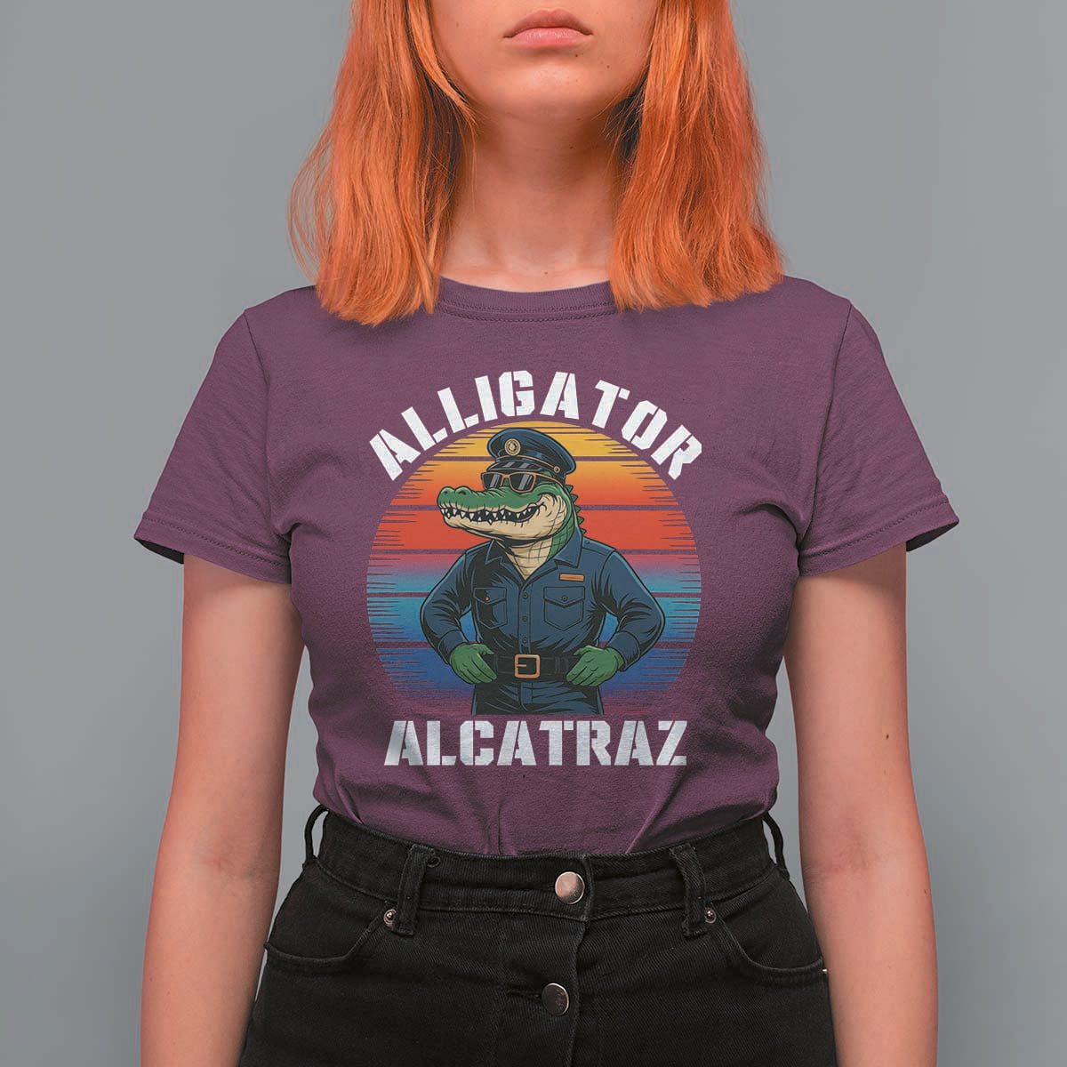 Alligator Alcatraz Florida T Shirt For Women Funny Gator Cop Political Humor Retro Sunset - Wonder Print Shop