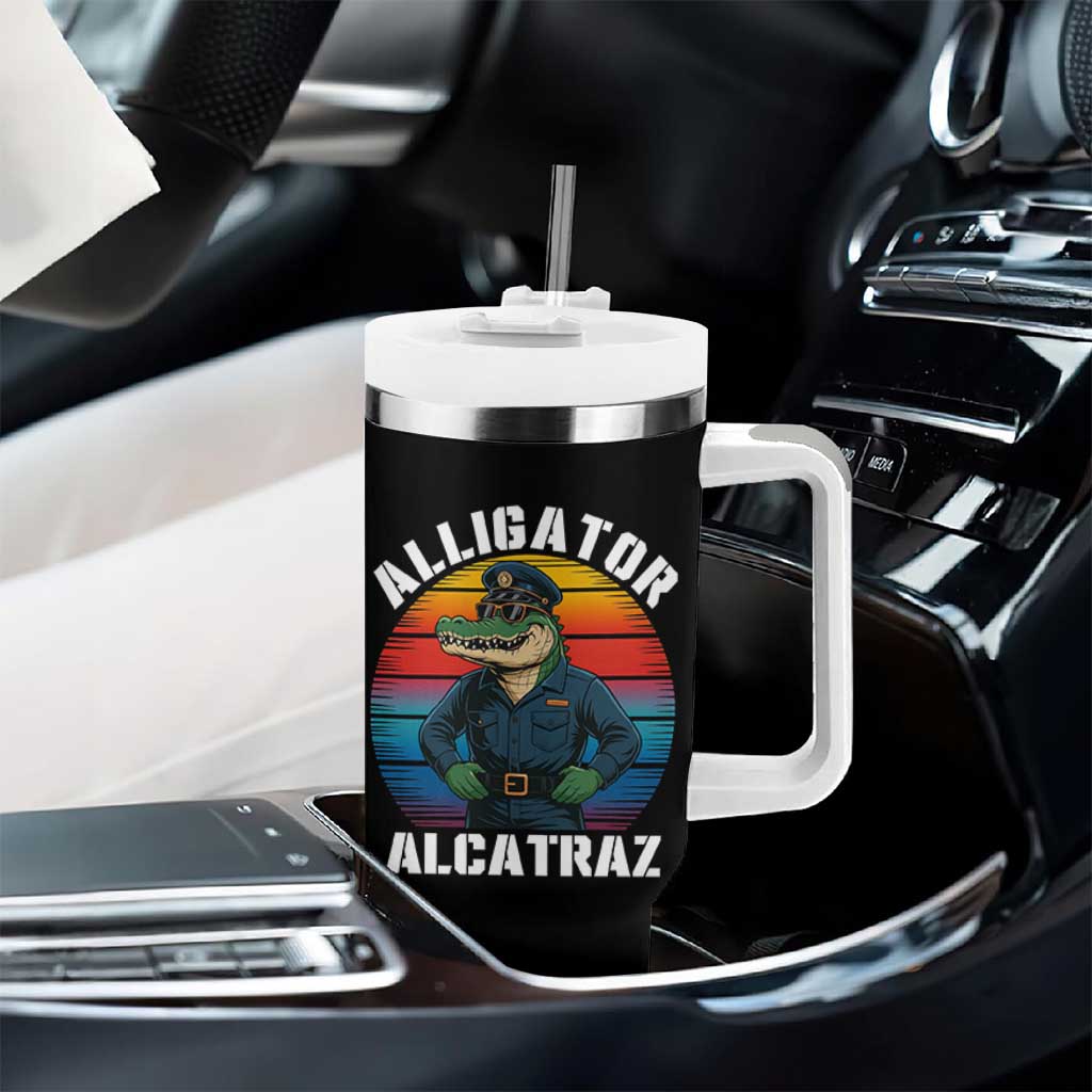 Alligator Alcatraz Florida Tumbler With Handle Funny Gator Cop Political Humor Retro Sunset - Wonder Print Shop