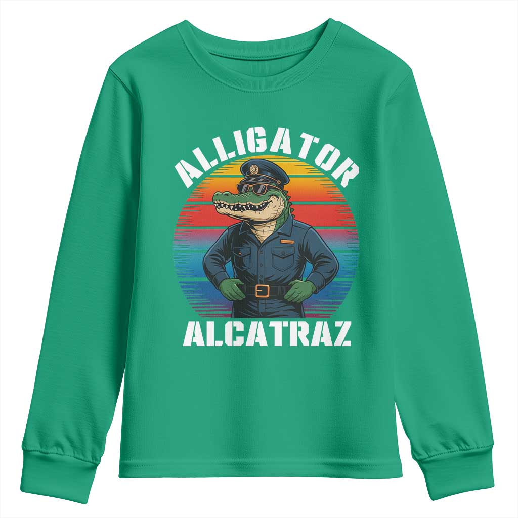 Alligator Alcatraz Florida Youth Sweatshirt Funny Gator Cop Political Humor Retro Sunset - Wonder Print Shop