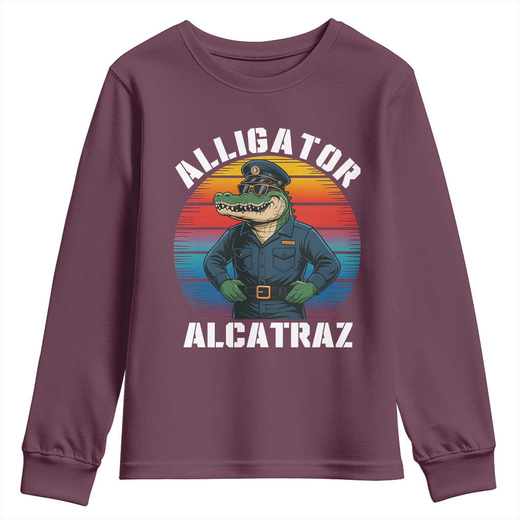 Alligator Alcatraz Florida Youth Sweatshirt Funny Gator Cop Political Humor Retro Sunset - Wonder Print Shop