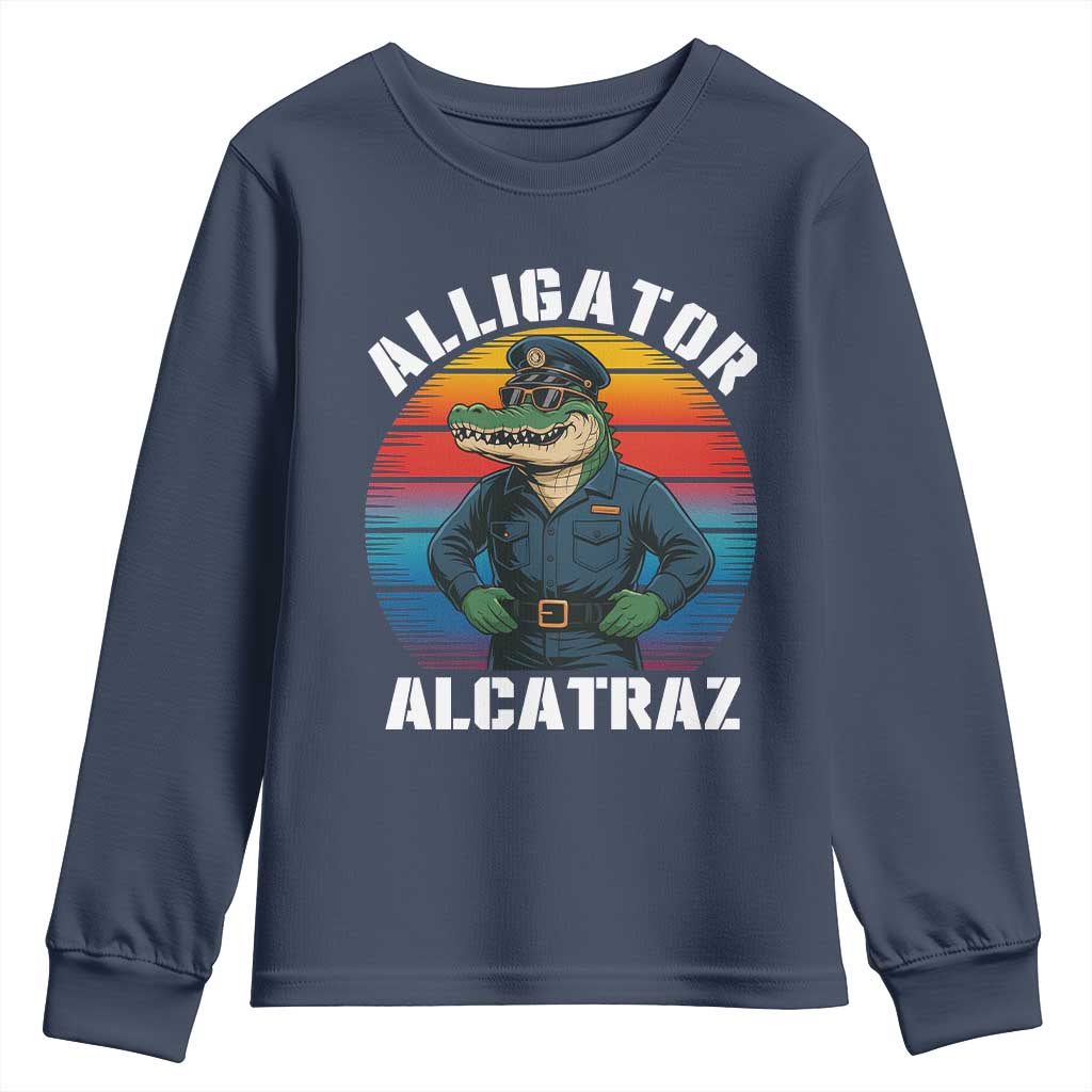 Alligator Alcatraz Florida Youth Sweatshirt Funny Gator Cop Political Humor Retro Sunset - Wonder Print Shop