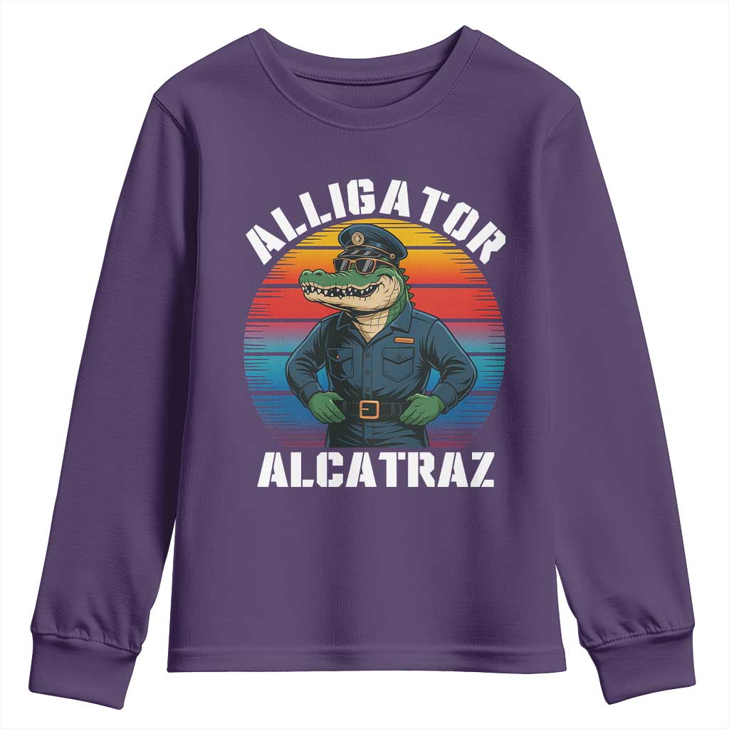 Alligator Alcatraz Florida Youth Sweatshirt Funny Gator Cop Political Humor Retro Sunset - Wonder Print Shop