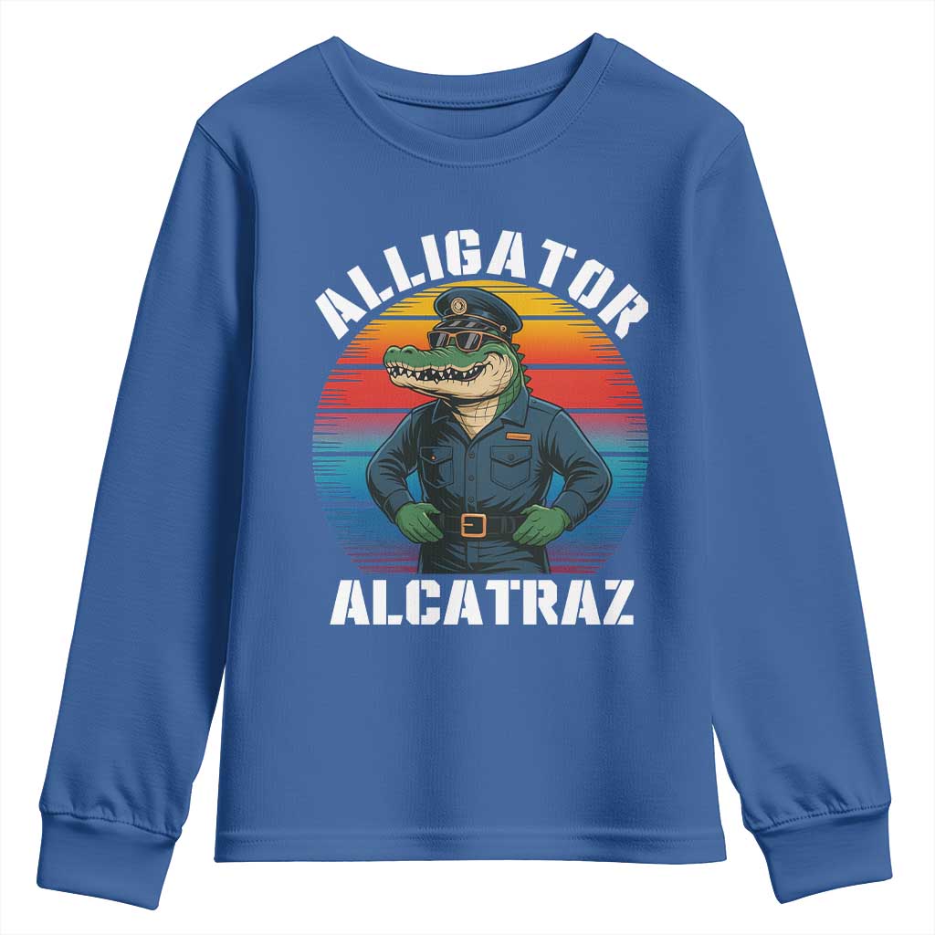 Alligator Alcatraz Florida Youth Sweatshirt Funny Gator Cop Political Humor Retro Sunset - Wonder Print Shop