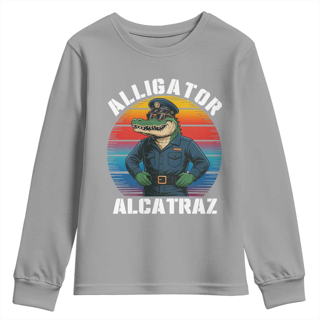 Alligator Alcatraz Florida Youth Sweatshirt Funny Gator Cop Political Humor Retro Sunset - Wonder Print Shop