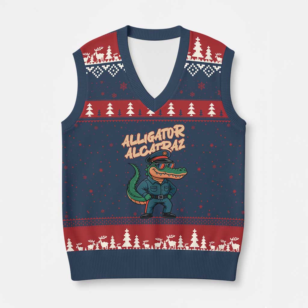 Alligator Alcatraz Political V-Neck Knit Sweater Vest Funny Florida Gator Cop with Attitude - Wonder Print Shop